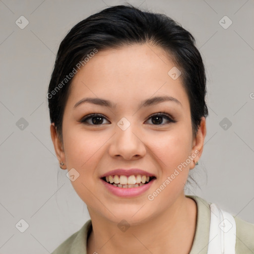 Joyful asian young-adult female with medium  brown hair and brown eyes