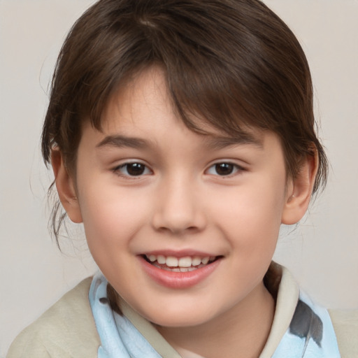 Joyful white child female with medium  brown hair and brown eyes