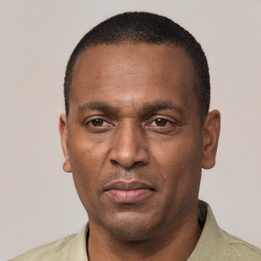Neutral black adult male with short  brown hair and brown eyes