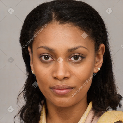 Joyful latino young-adult female with long  brown hair and brown eyes