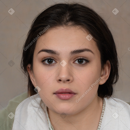 Neutral white young-adult female with medium  brown hair and brown eyes