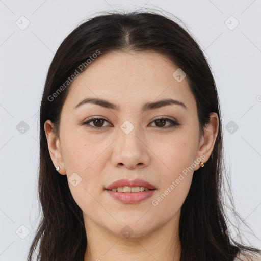 Joyful white young-adult female with long  brown hair and brown eyes