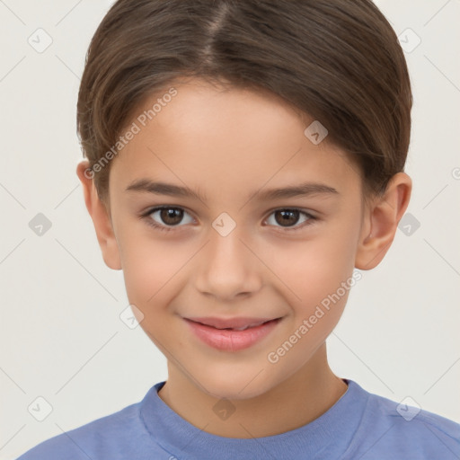 Joyful white child female with short  brown hair and brown eyes