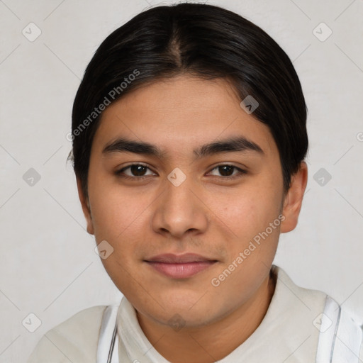 Neutral latino young-adult male with short  brown hair and brown eyes