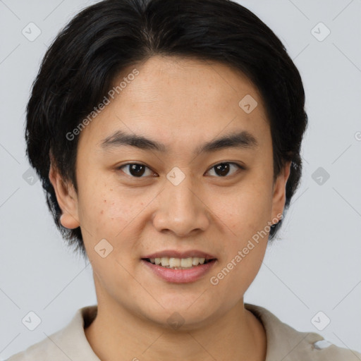 Joyful asian young-adult male with short  brown hair and brown eyes