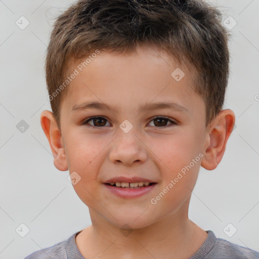 Joyful white child male with short  brown hair and brown eyes