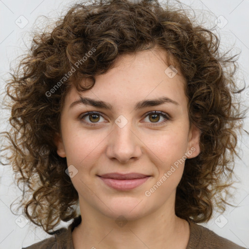 Joyful white young-adult female with medium  brown hair and green eyes