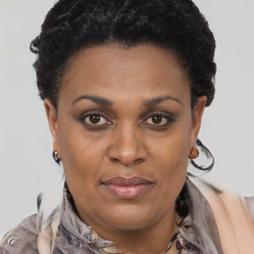 Joyful black adult female with short  brown hair and brown eyes