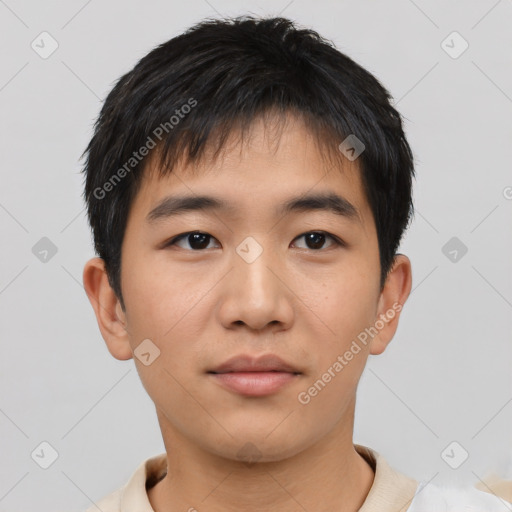 Neutral asian young-adult male with short  black hair and brown eyes