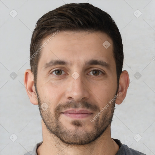 Joyful white young-adult male with short  brown hair and brown eyes