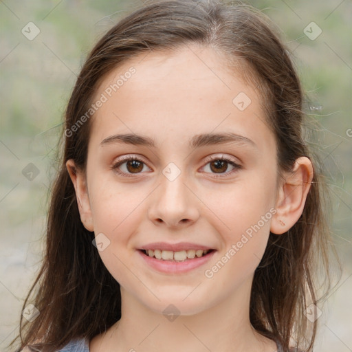 Joyful white child female with medium  brown hair and brown eyes