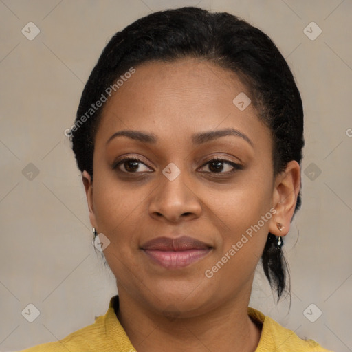 Joyful latino young-adult female with short  brown hair and brown eyes