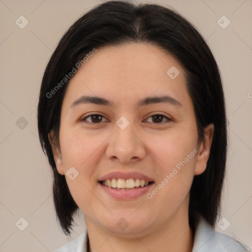 Joyful white young-adult female with medium  black hair and brown eyes