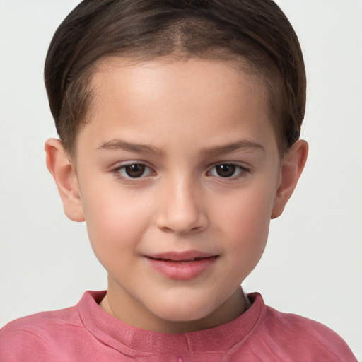 Joyful white child female with short  brown hair and brown eyes