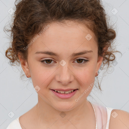 Joyful white child female with short  brown hair and brown eyes