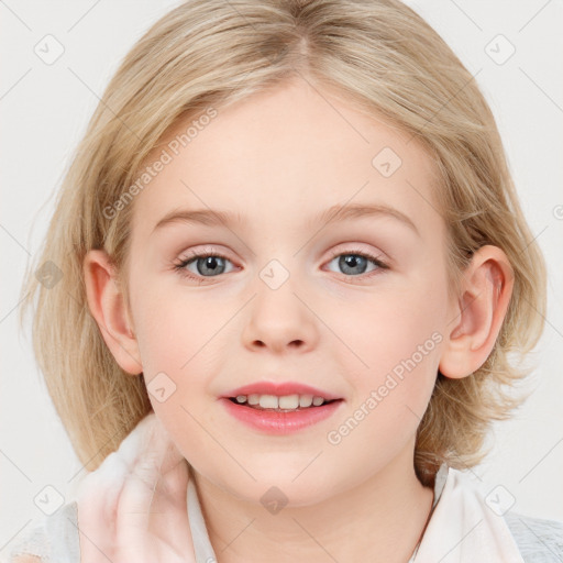 Joyful white child female with medium  brown hair and blue eyes