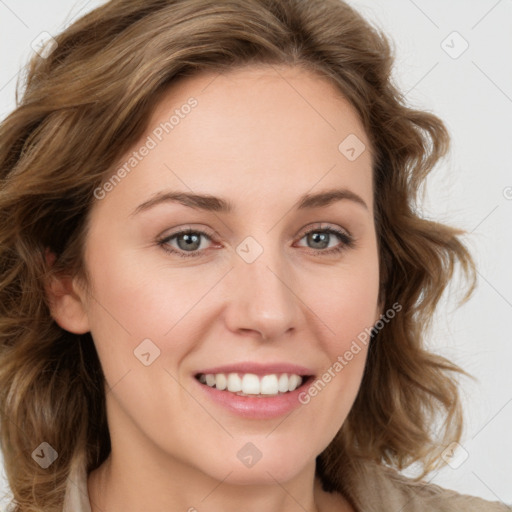 Joyful white young-adult female with medium  brown hair and green eyes