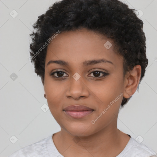 Joyful latino young-adult female with short  black hair and brown eyes