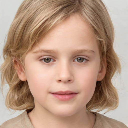 Neutral white child female with medium  brown hair and grey eyes