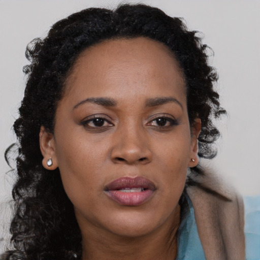 Joyful black young-adult female with long  brown hair and brown eyes