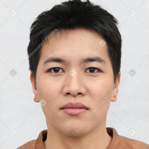 Neutral asian young-adult male with short  black hair and brown eyes