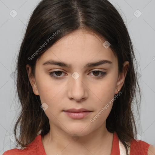 Neutral white young-adult female with medium  brown hair and brown eyes