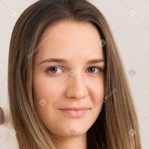 Neutral white young-adult female with long  brown hair and brown eyes