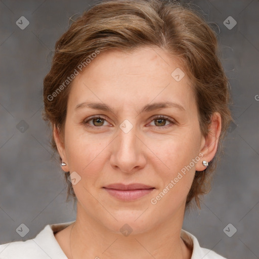 Joyful white adult female with medium  brown hair and brown eyes