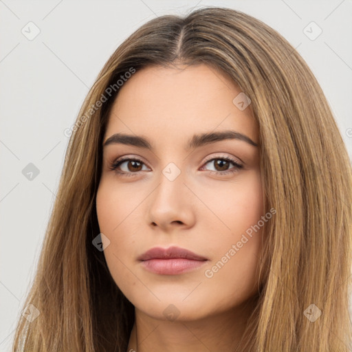 Neutral white young-adult female with long  brown hair and brown eyes