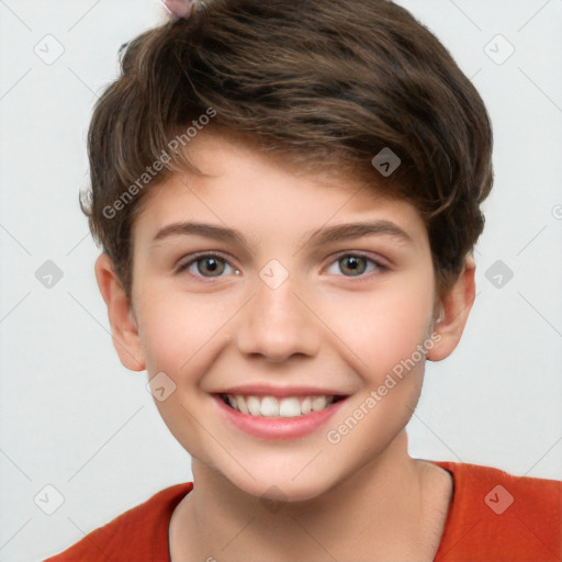 Joyful white child female with short  brown hair and brown eyes