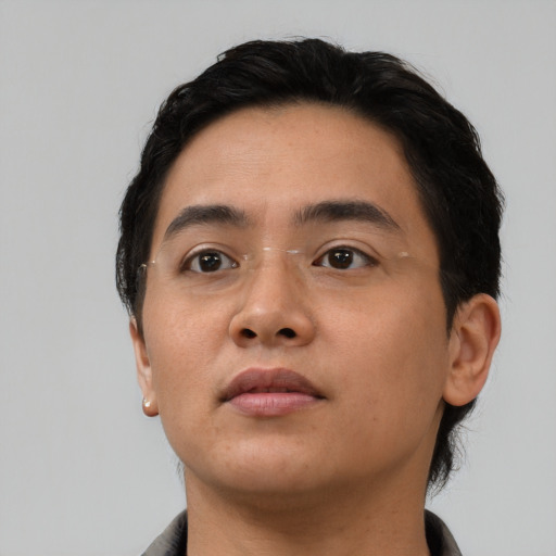 Neutral asian young-adult male with short  brown hair and brown eyes
