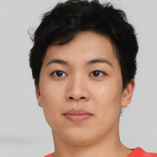 Neutral asian young-adult female with short  brown hair and brown eyes