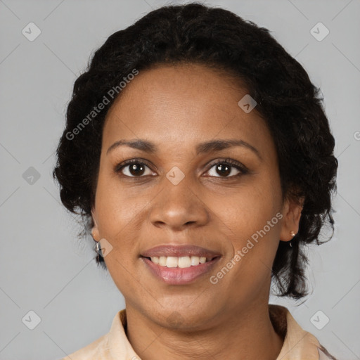 Joyful black young-adult female with medium  brown hair and brown eyes