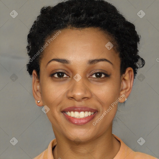 Joyful latino young-adult female with short  black hair and brown eyes