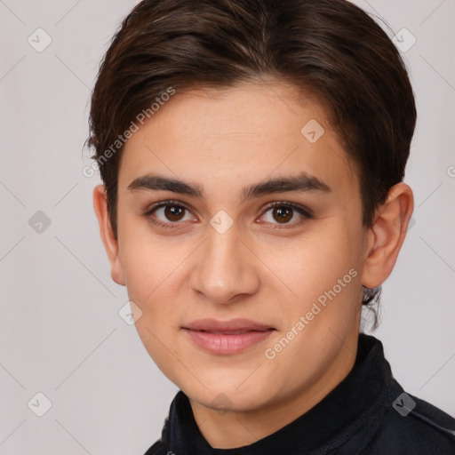 Joyful white young-adult female with short  brown hair and brown eyes