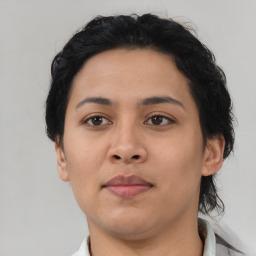 Neutral asian young-adult female with short  black hair and brown eyes