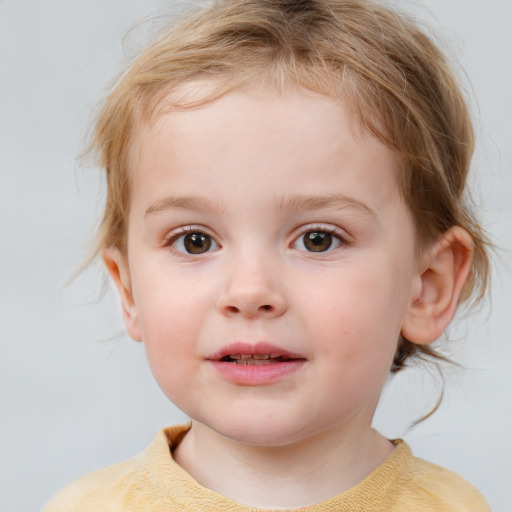 Neutral white child female with medium  brown hair and blue eyes