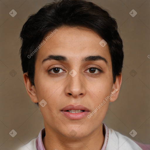 Joyful white young-adult female with short  brown hair and brown eyes