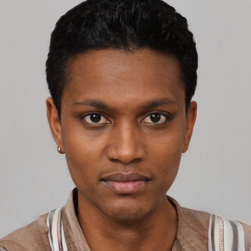 Neutral black young-adult male with short  black hair and brown eyes