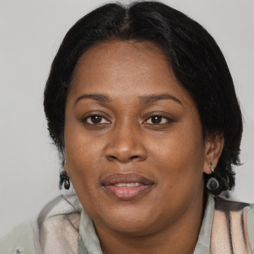 Joyful black adult female with medium  brown hair and brown eyes