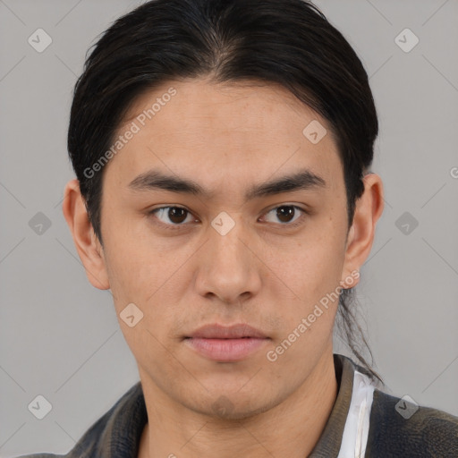 Neutral asian young-adult male with short  brown hair and brown eyes