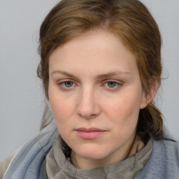 Neutral white young-adult female with medium  brown hair and blue eyes