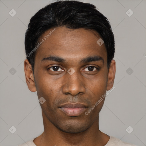 Neutral black young-adult male with short  black hair and brown eyes