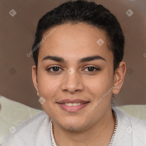 Joyful white young-adult female with short  brown hair and brown eyes