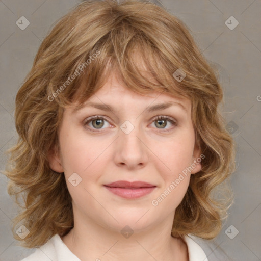 Joyful white young-adult female with medium  brown hair and green eyes