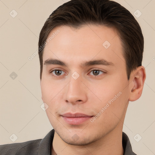 Neutral white young-adult male with short  brown hair and brown eyes