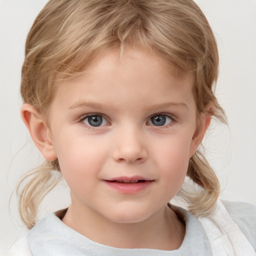 Joyful white child female with medium  blond hair and blue eyes