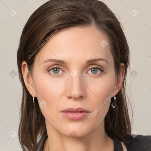 Neutral white young-adult female with medium  brown hair and grey eyes