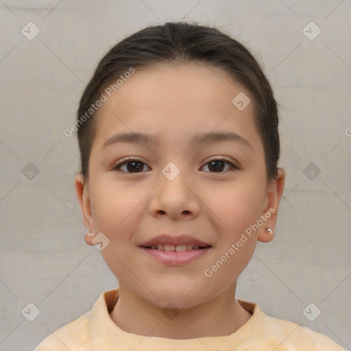 Joyful white child female with short  brown hair and brown eyes