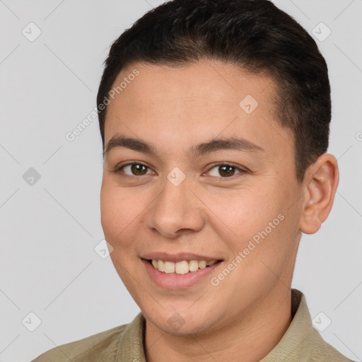 Joyful white young-adult female with short  brown hair and brown eyes